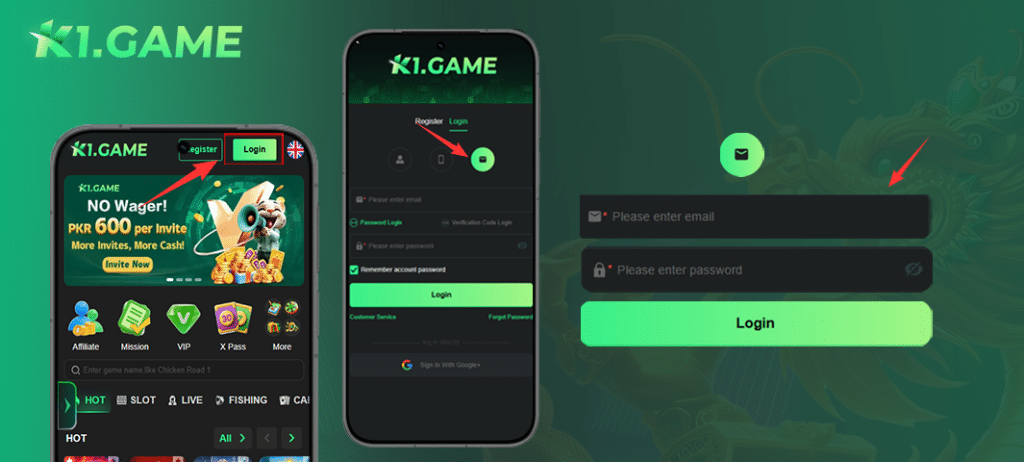 How to log in to K1 Game account using email