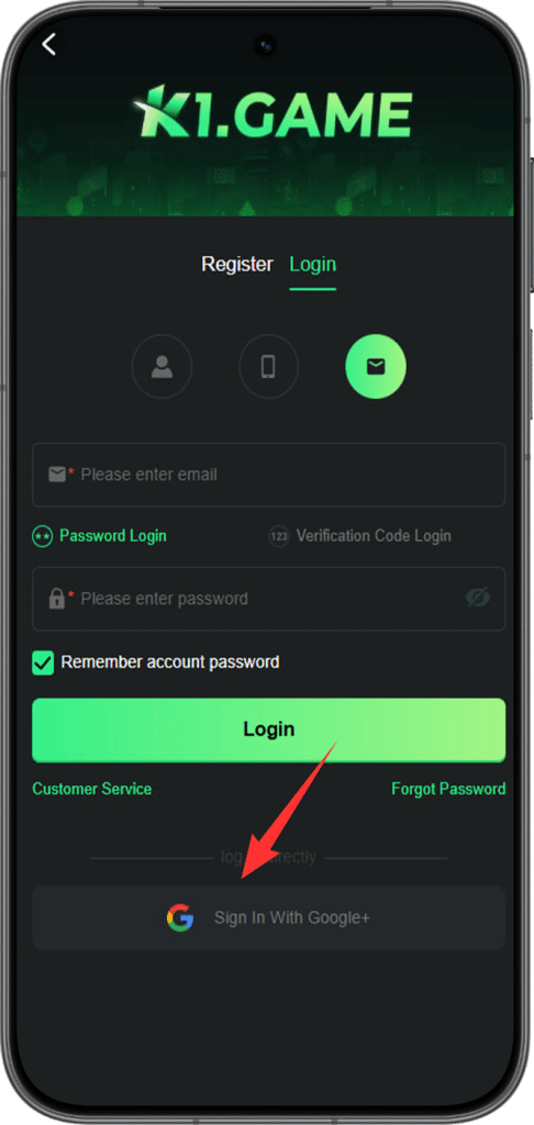 Log in to K1 Game using Google email